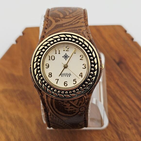 Saddle River Women's Ornate Cuff Watch Brown Tooled Leather Southwestern Boho - Picture 1 of 7